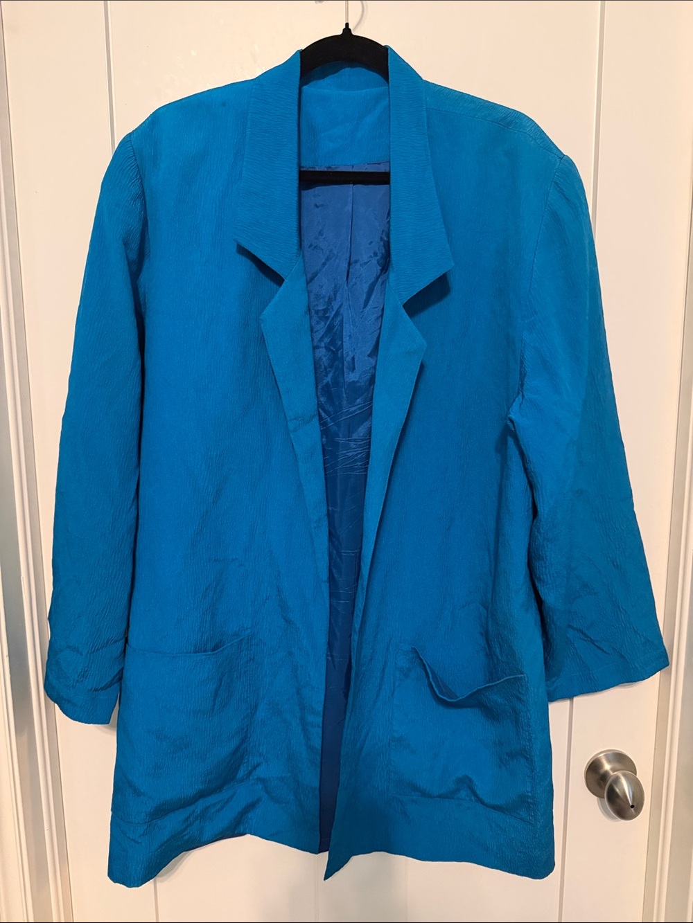 Doncaster Silks Vintage 90s 100% Silk Open-Front Teal Blue Blazer Jacket Size L